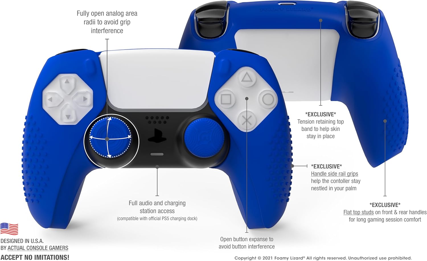 Foamy Lizard SensePro PS5 Controller Skin | Dock Compatible, Soft Flat Anti-Slip Studded Silicone Gel Grip Cover for PlayStation 5 Dualsense, Rubber Protector Plus 8 Raised Thumb Grip Caps (Blue) - Image 3