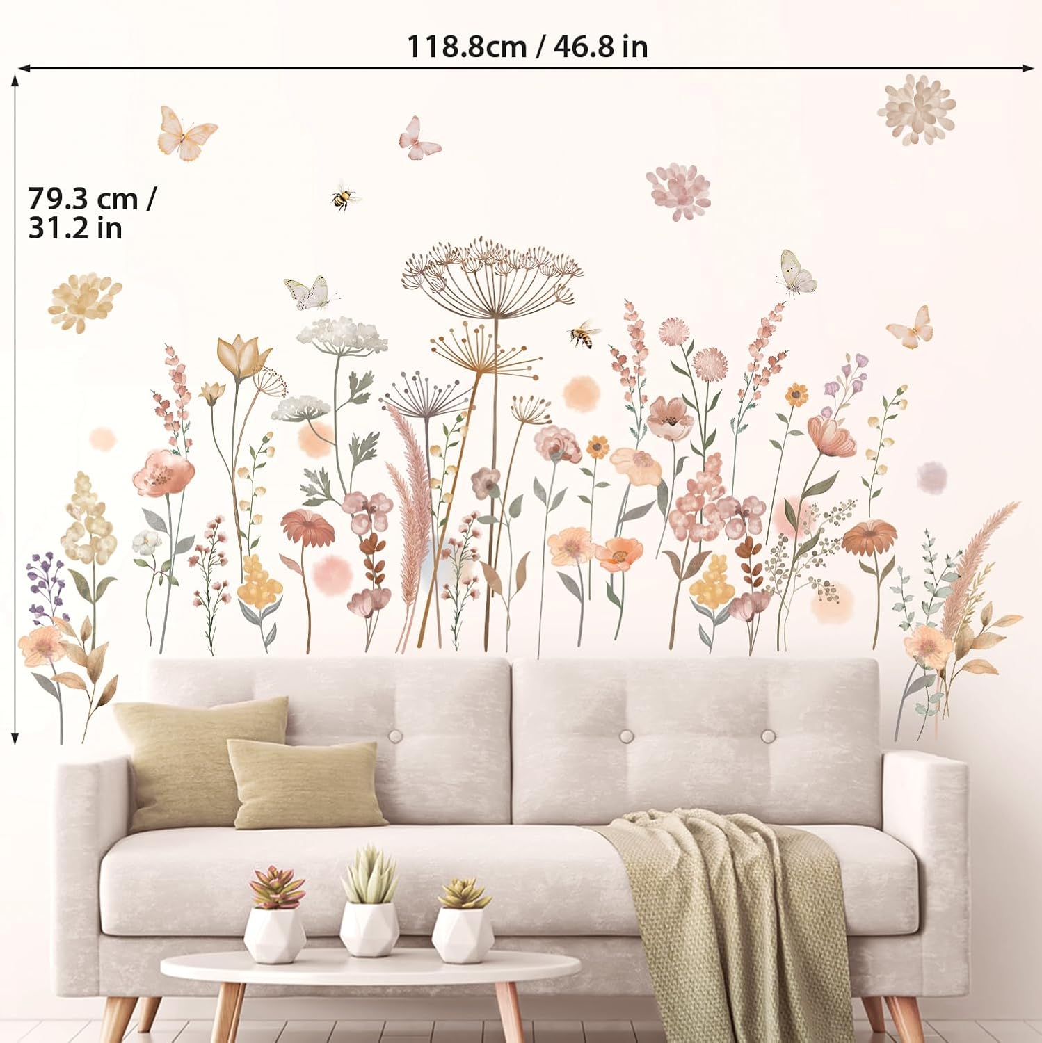 DECOWALL SG2-2421 Watercolor Boho Flowers Wall Decal Stickers Décor Home Wildflower Floral Dandelion Grass Plants Baby Nursery Girls Bedroom Kids Living Room Bee Peel and Stick Art Flower Vintage