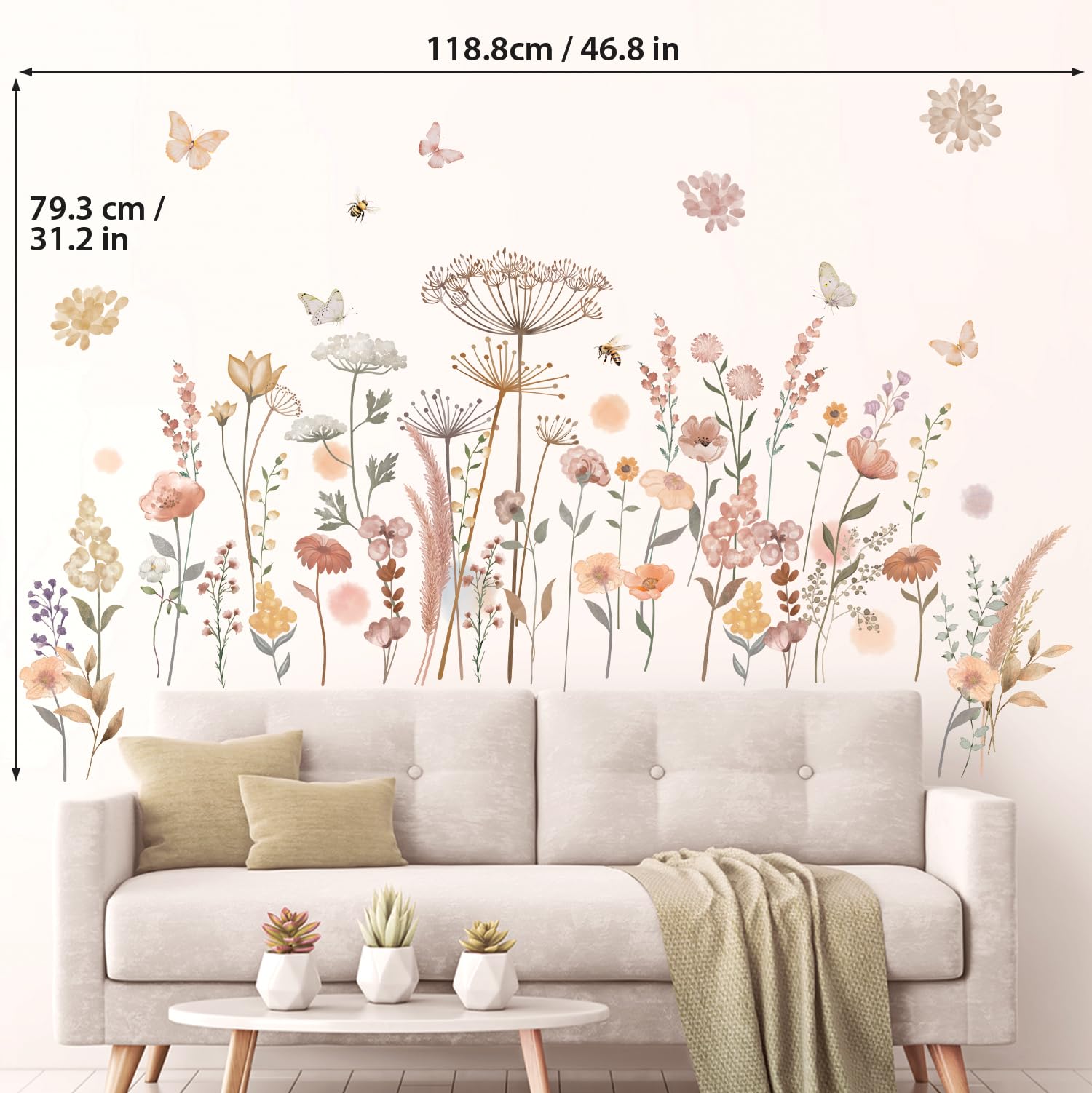 DECOWALL SG2-2421 Wandtattoos mit Boho-Blumen in Aquarell Wildblumen Blumen Gras Schlafzimmer Wohndekor Kunst bunt rosa Pflanzen entfernbar Abziehen und ankleben Kinderzimmer Heim DIY Blätter Garten