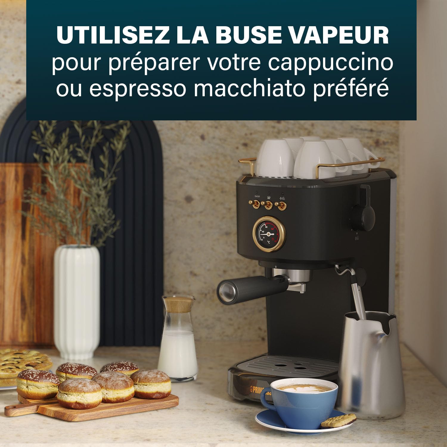 Princess Machine à Expresso, 1100W, 20 Bars, Chauffe-Tasses, Buse Vapeur, Réservoir 1,2L, Compatible Café Moulu et Capsules, Facile à Nettoyer, Arrêt Automatique, 01.249417.01.001