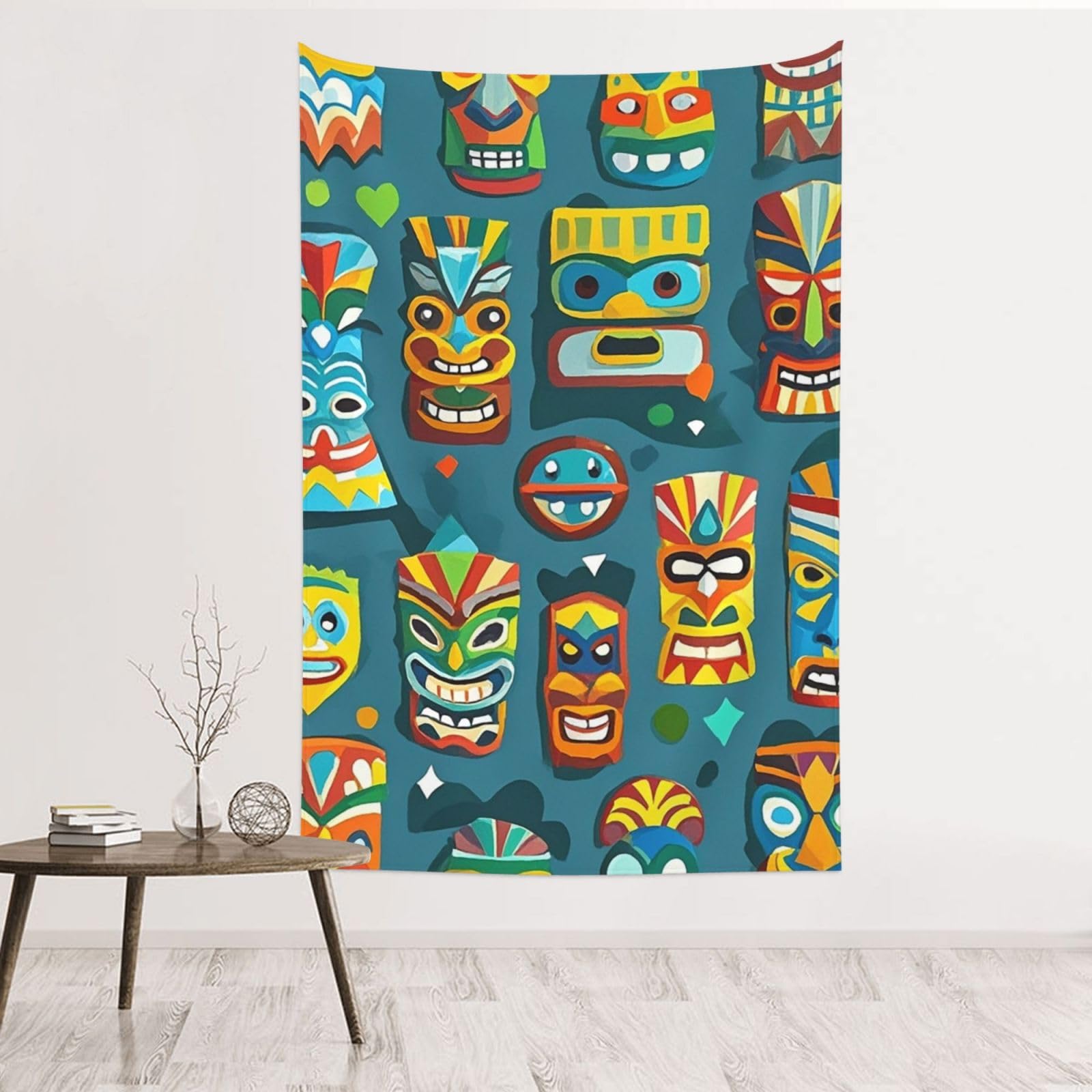 Tapisserie murale sans dommage masque Tiki coloré déco velours pêche - 8