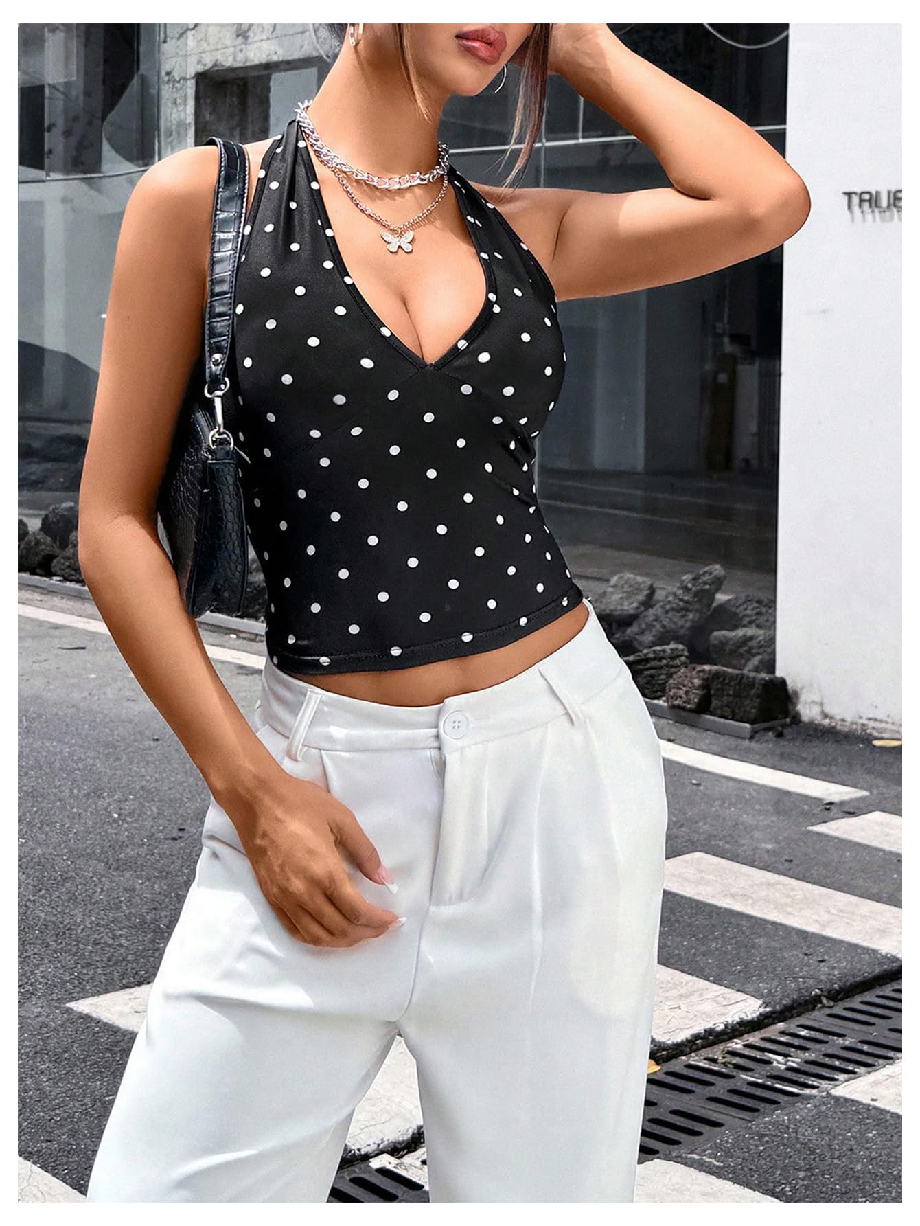 WDIRARA Women's Leopard Print Ruched Halter Crop Tops V Neck Tie Back Sleeveless Slim Fit Cami Tops: Medium Black Polka