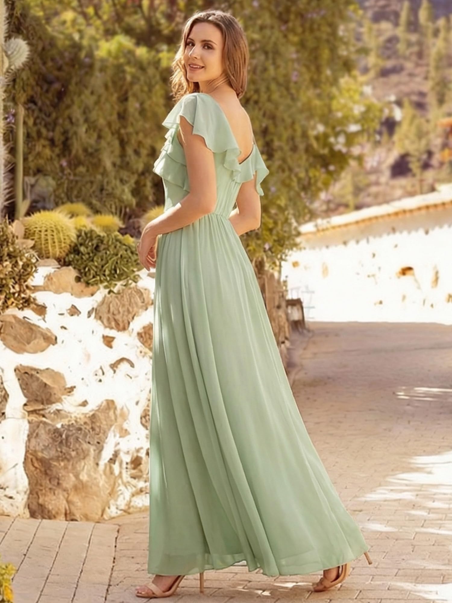 Ever-Pretty Abiti da Damigella Collo Asimmetrico Maniche Corte Chiffon Maxi Gonna Svasata ES02709