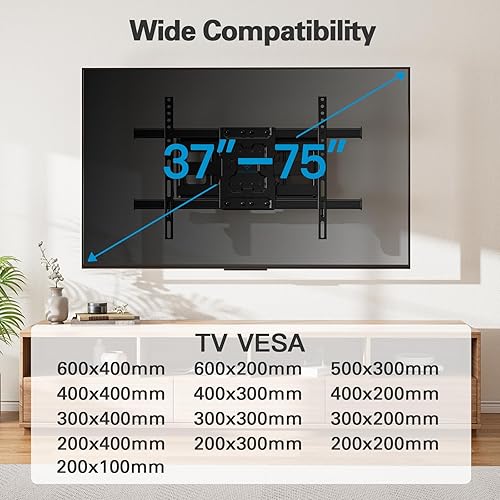 Miniatura 6 de PERLESMITH Soporte de pared para TV de movimiento completo para televisores de 37 a 75 pulgadas de hasta 132 libras, soporte de TV con brazo