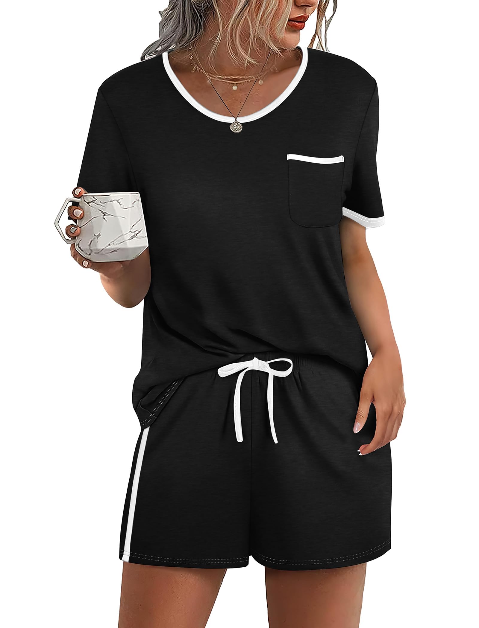 WIHOLL Pajamas for Women Set Two Piece Lounge Summer Outfits Short Sleeve Tops Shorts Soft Sleepwear Chest Pocket