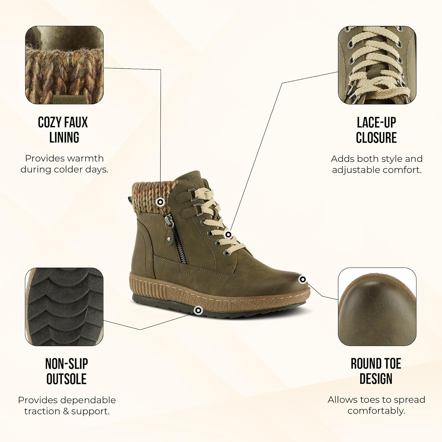 Spring Step Relife Karlene Waterproof Ankle Boots for Women | Shoes for Women with Sweater Top, Decorative Zipper and Cozy Sherpa Lining