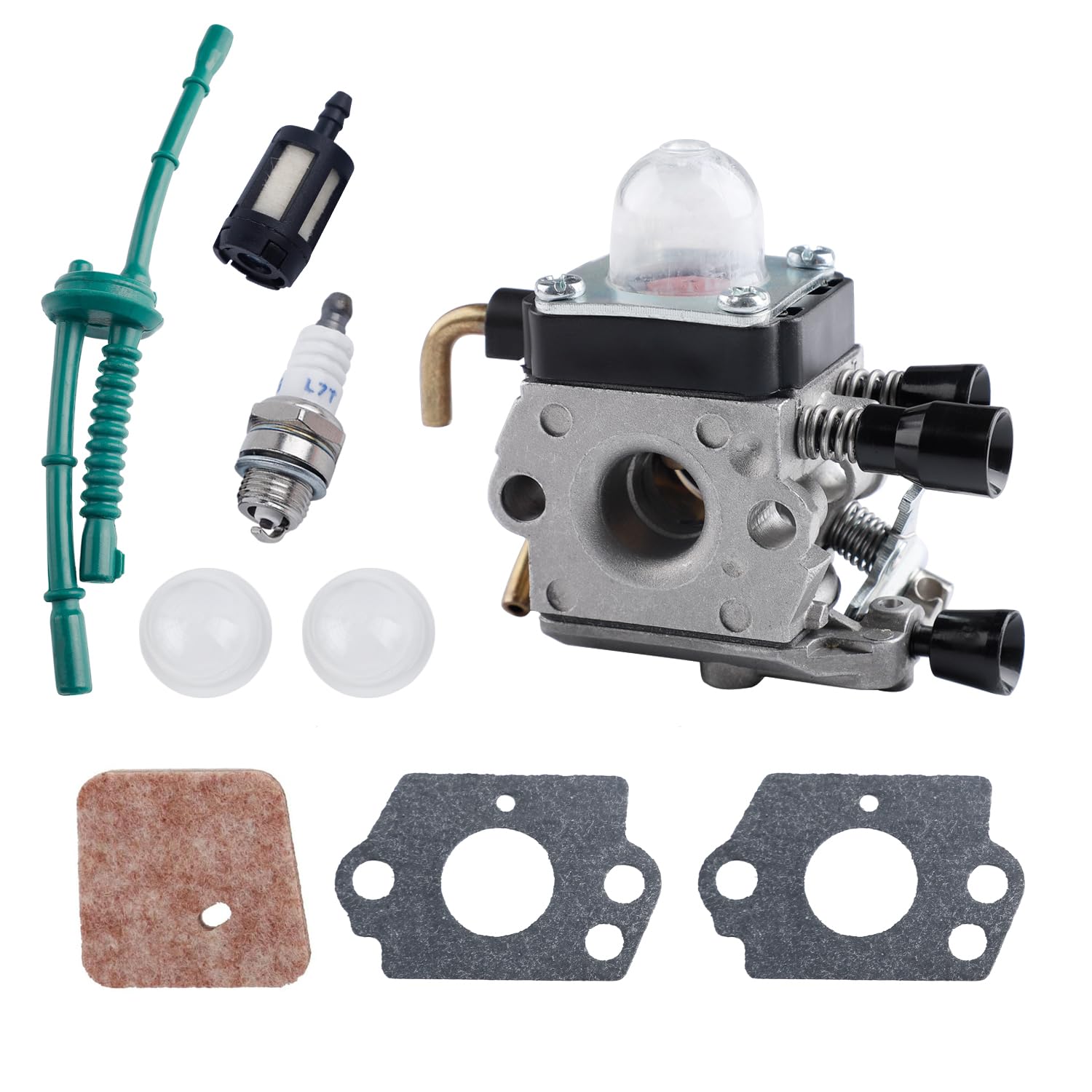 Zestaw gaźników do kosiarki Stihl FS38, FS45, FS46, FS55, FS74, FS75, FS80, FS85, HL45, HL75, HS70, HS74, KM55, KM55R, gaźnik z zestawem przewodów paliwowych, zamiennik filtra powietrza