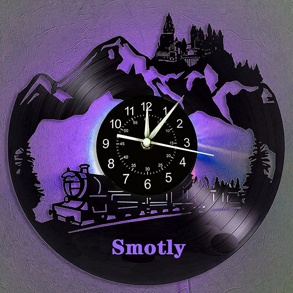 Reloj de Pared de Disco de Vinilo Con Tema de Tren Expreso Hogwarts - Función Colorida de Luz Nocturna, Artística Digital - Regalo Con Gancho (Multi)