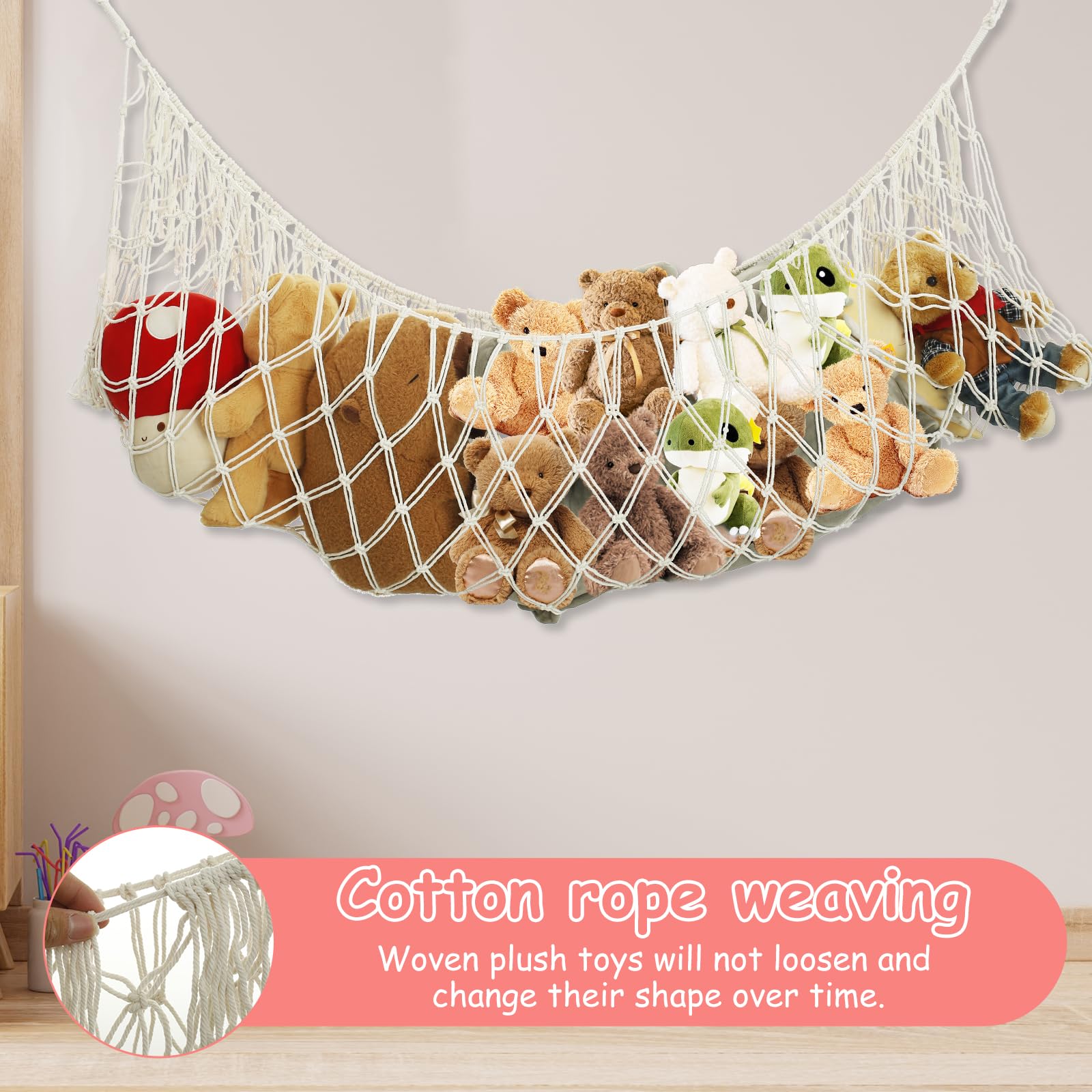 Toy Hammock for Stuffed Animals Storage Extra Large 56'' Long Hammock Tassel Design Soft Toy Net Wall Corner Bed End Hanging Organizer Holder for Kids Room Playroom Nursery (Beige) - Image 4