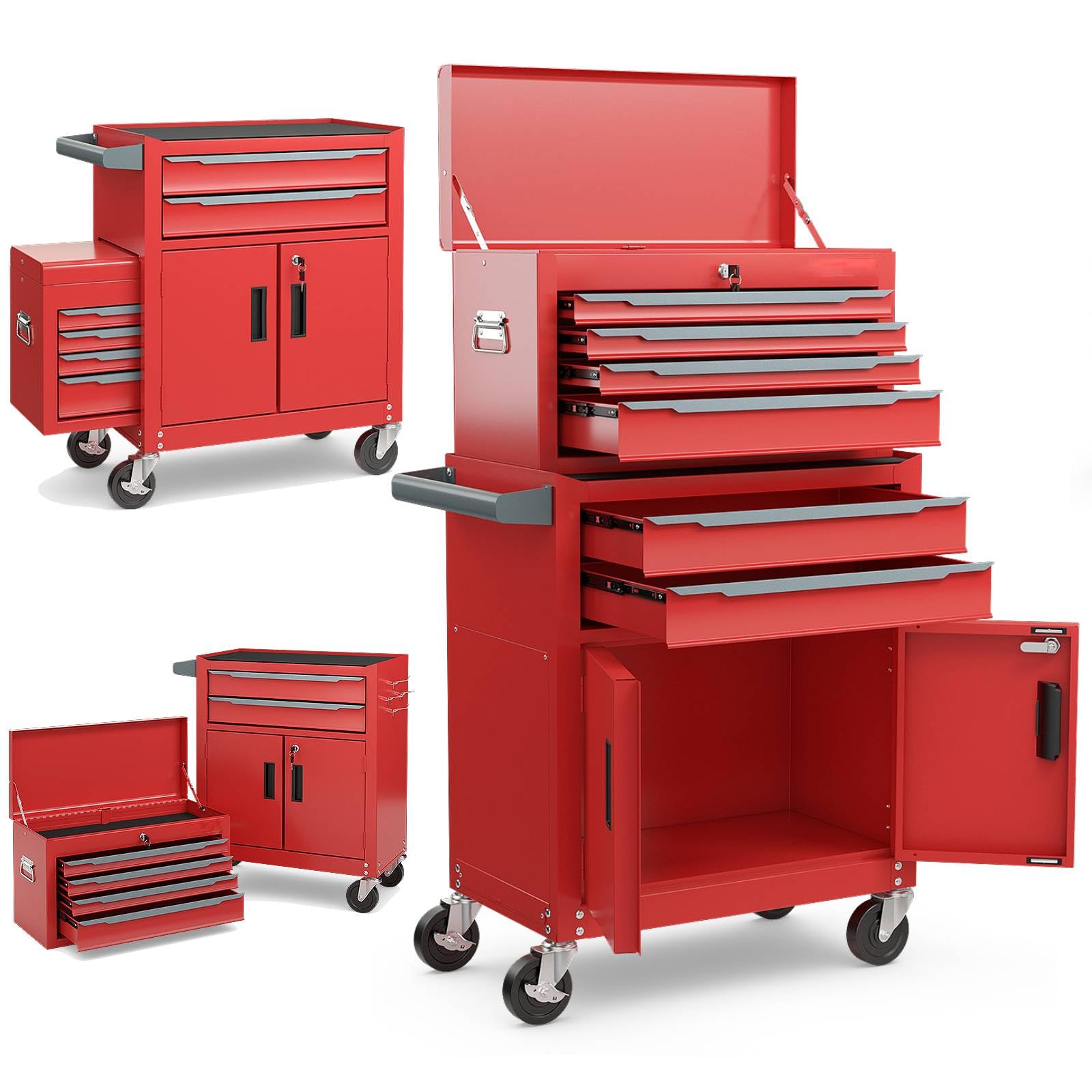 TANGZON Tool Cabinet, 2/3 in 1 Auto-Lockable Rolling Metal Tool Chest with 6 Drawers & Univeral Wheels, Heavy Duty Tool Box Organizer Cart Trolley (2 in 1, Red)