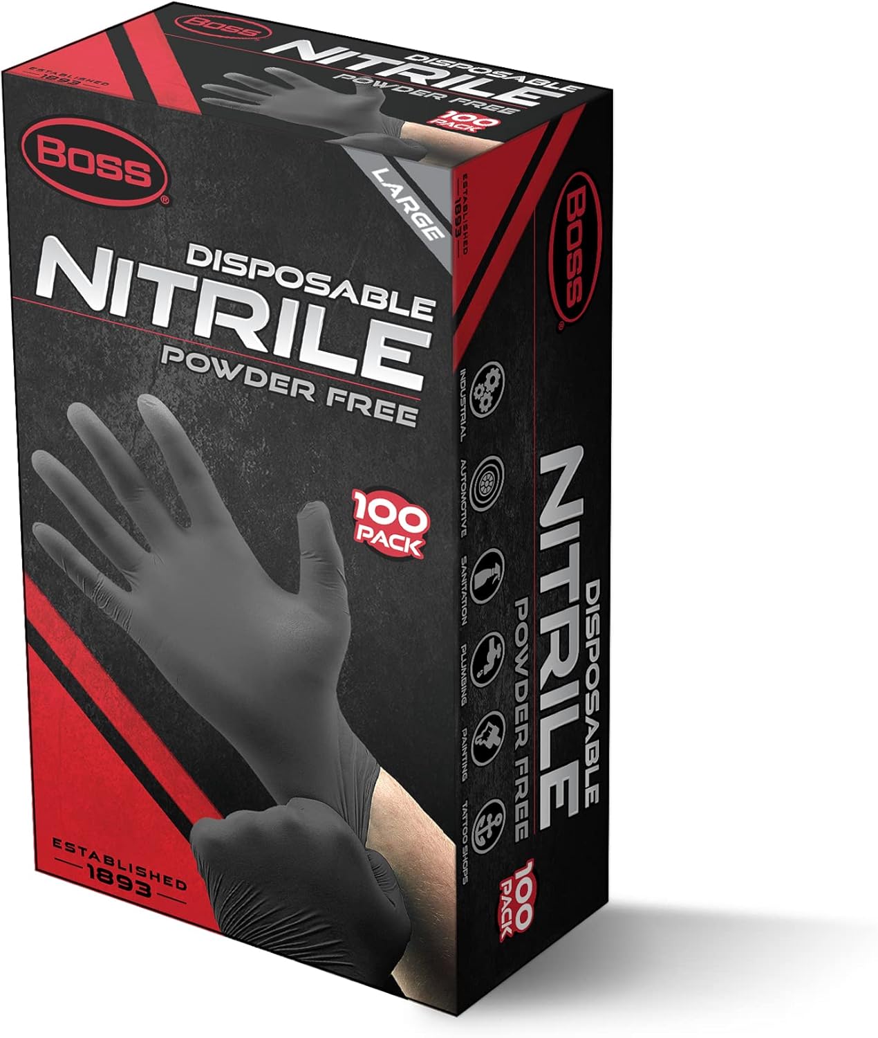 BOSS Powder Free Disposable Nitrile Gloves, 4 Mil Thickness, 100 Pair Pack, Black, X-Large, (B21051-XL)