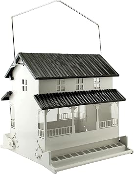 Woodlink Steel Hanging Mount Backyard Farmhouse Squirrel Resistant Wild Bird House Feeder with 10.5 Quarts Seed Feeding Capacity, Black and White