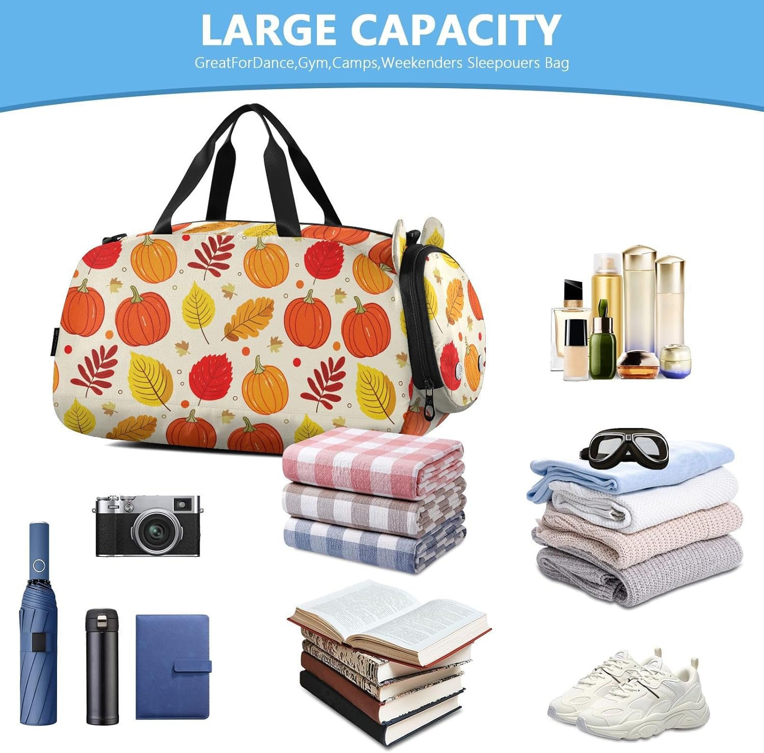 Pumpkin Leaves Fall Beige Kids Travel Duffel Bag for Boys Girls Overnight Weekend Tote Bag with Shoes Compartment for Trip Beach Gym