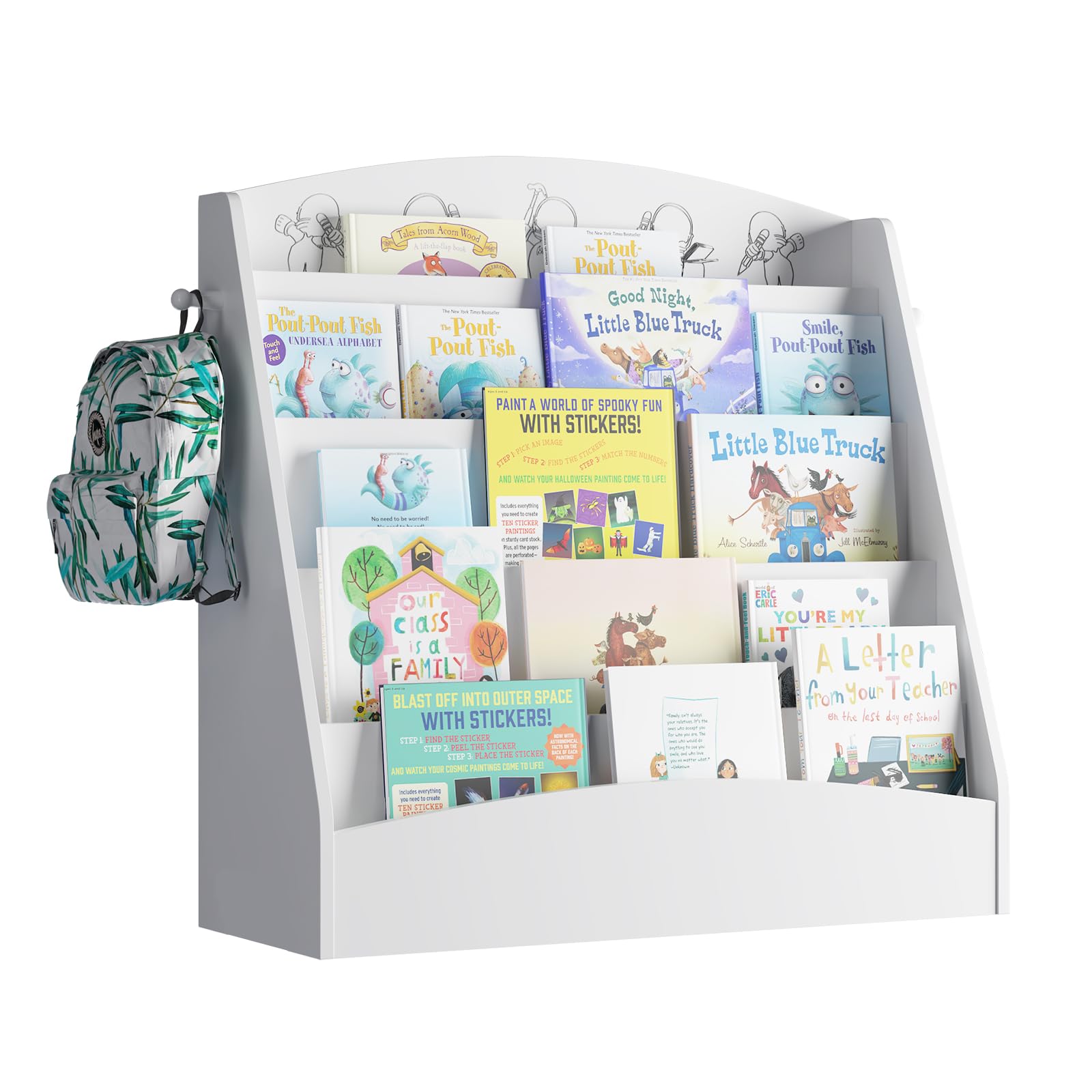 KEEPREAPER Kinder Bücherregal mit 5 offenen Fächern und Haken, Kinderregal Holz, Montessori Aufbewahrungsregal für Kinderzimmer, 80x30x75cm (Weiß)