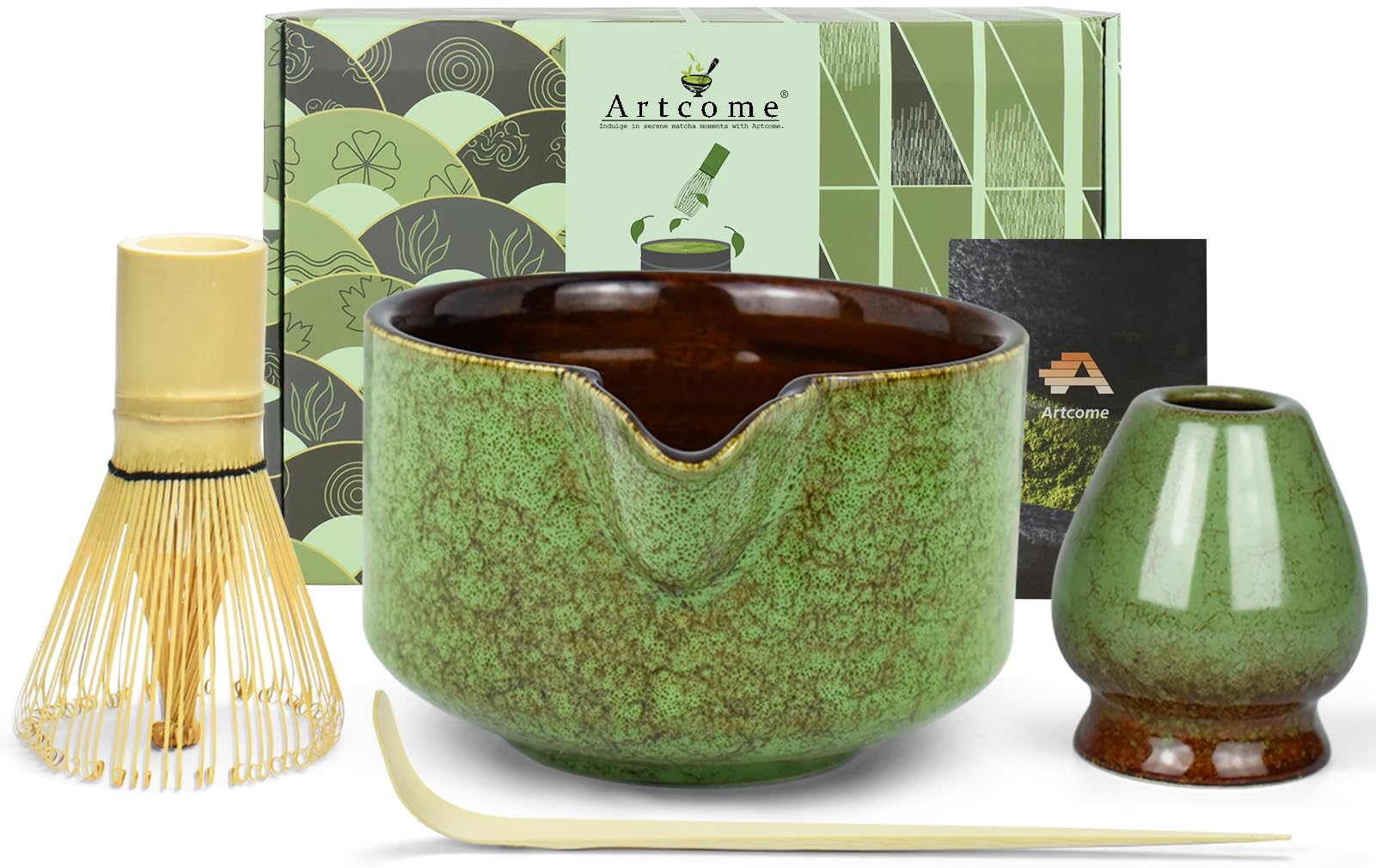 Artcome Premium Matcha Tea Set - 20.2oz Ceramic Bowl, Bamboo Whisk, Scoop, Whisk Holder & Brewing Guide - Complete Set for Authentic Japanese Matcha Ceremony