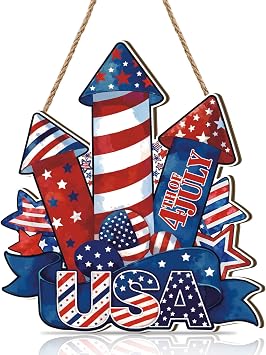4th of July Door Sign,Independence Day Wall Decoration,Patriotic Door Decor,Fourth of July Decor,American Flag Rustic Red White Blue Wall Hanger,Rockets Sign Memorial Day for Home Yard Room Porch