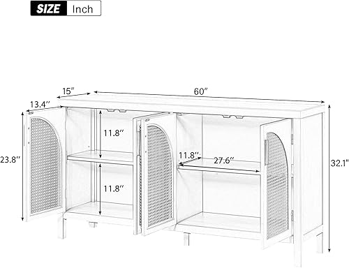 Miniatura 2 de Merax Aparador de bufé de madera rústica con 4 puertas de ratán gabinete de cafetería bar soporte de TV para dormitorio sala de estar comedor y