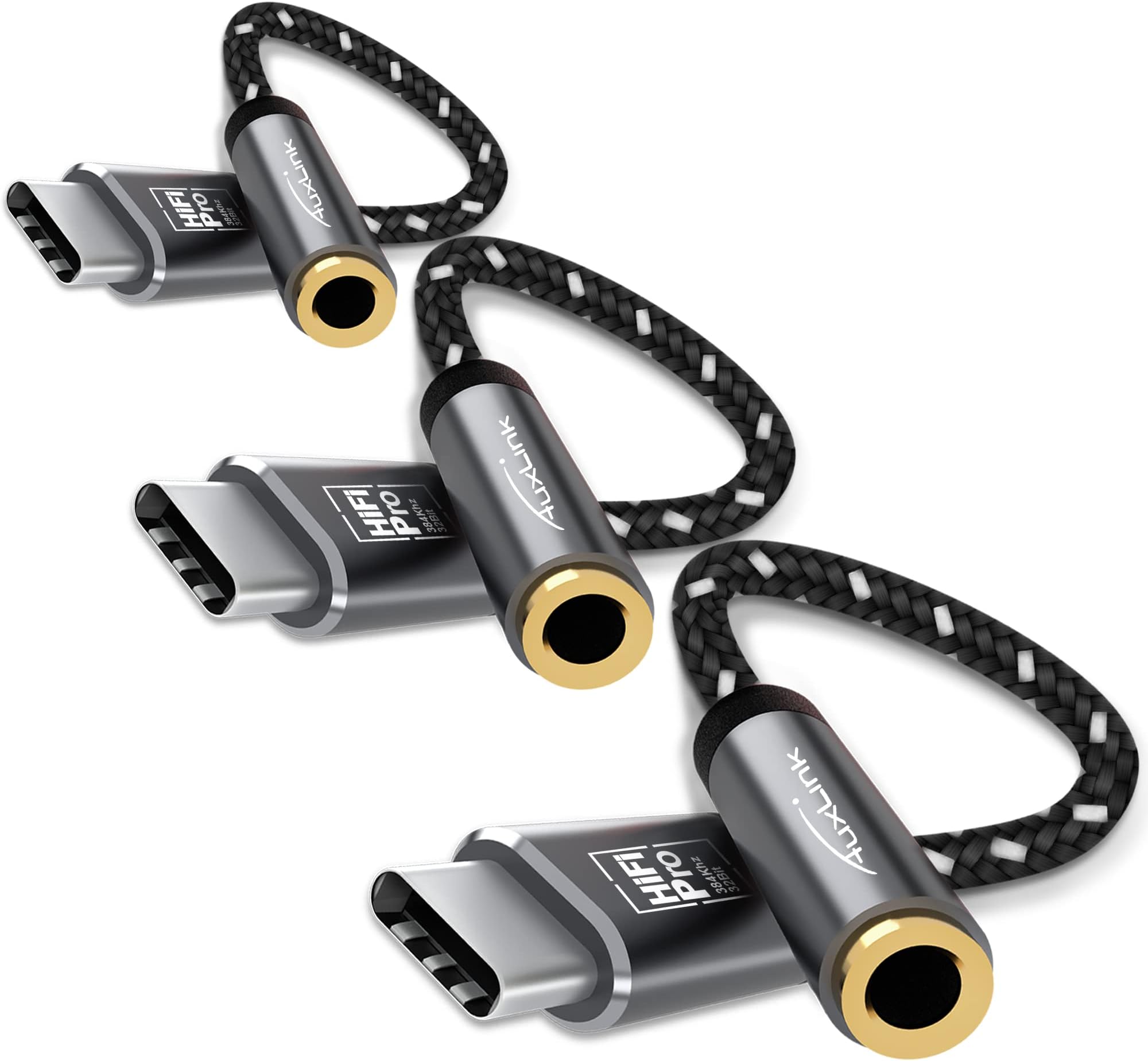 USB C to 3.5mm Audio Adapter 3Packs, AuxLink USB Type C Headphone Adapter Hi-Fi DAC Chip, USB C to Headphone Jack Female Aux Adapter for iphone 15, Samsung Galaxy S22 S21 S20 Plus/Ultra Note 20/10