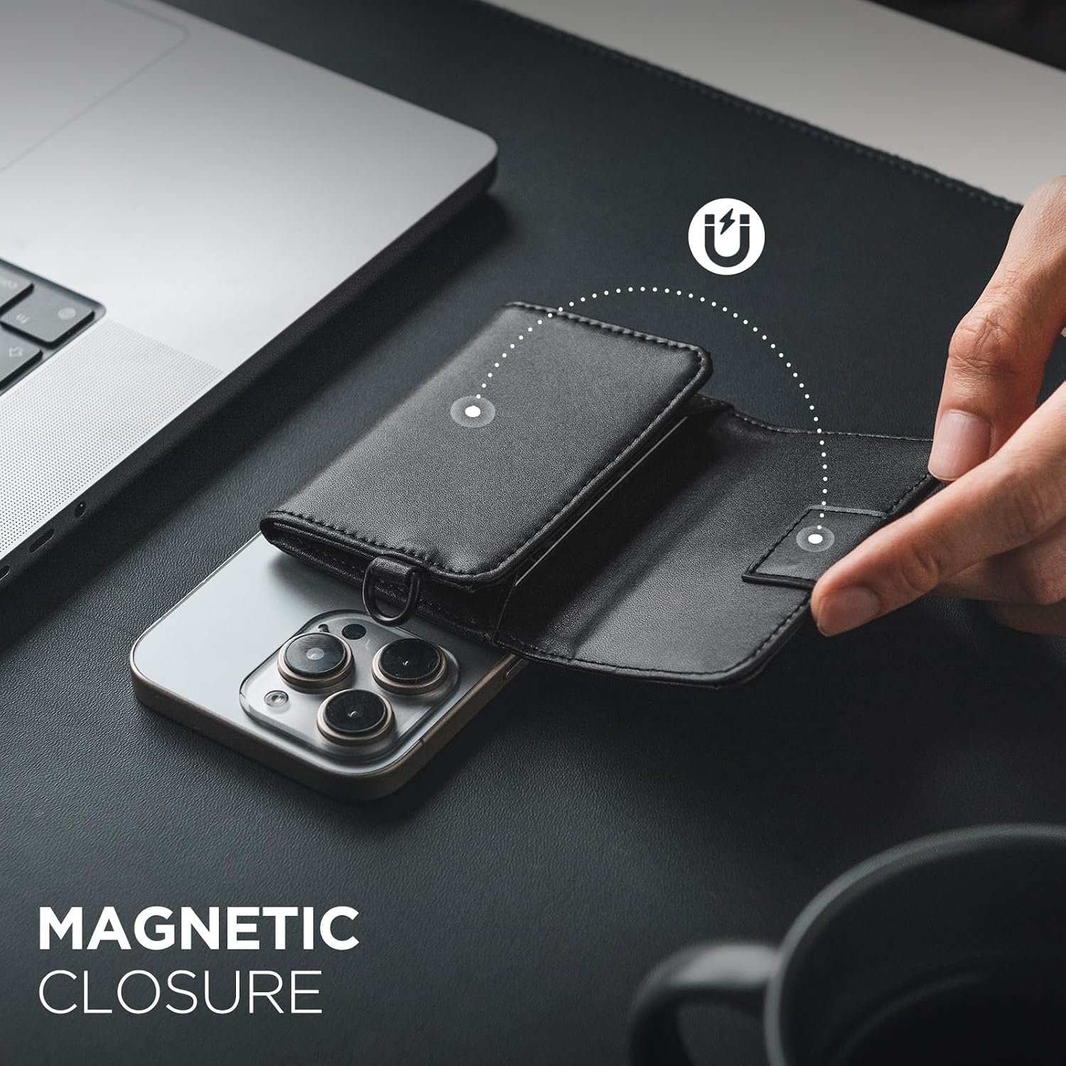 VULKIT Magnetic Card Case for Max. 8 Bank Cards, Leather Phone Card Wallet Compatible with iPhone 12-17 Series, Black