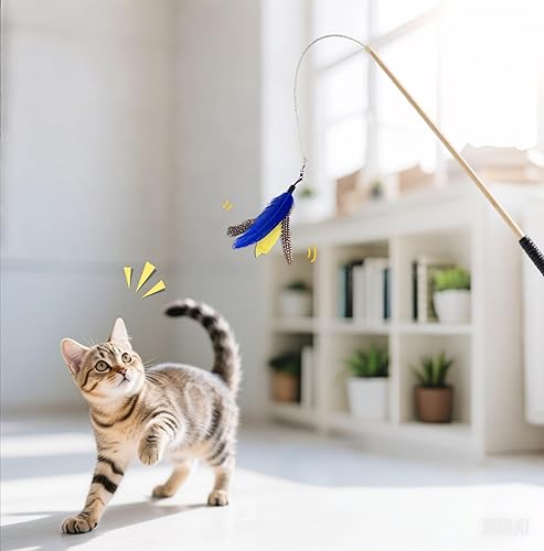 Miniatura 6 de 10 piezas de repuesto de plumas para gatos, varita de repuesto para gatos con clip y campana extraíble, juguetes de plumas para gatos de interior