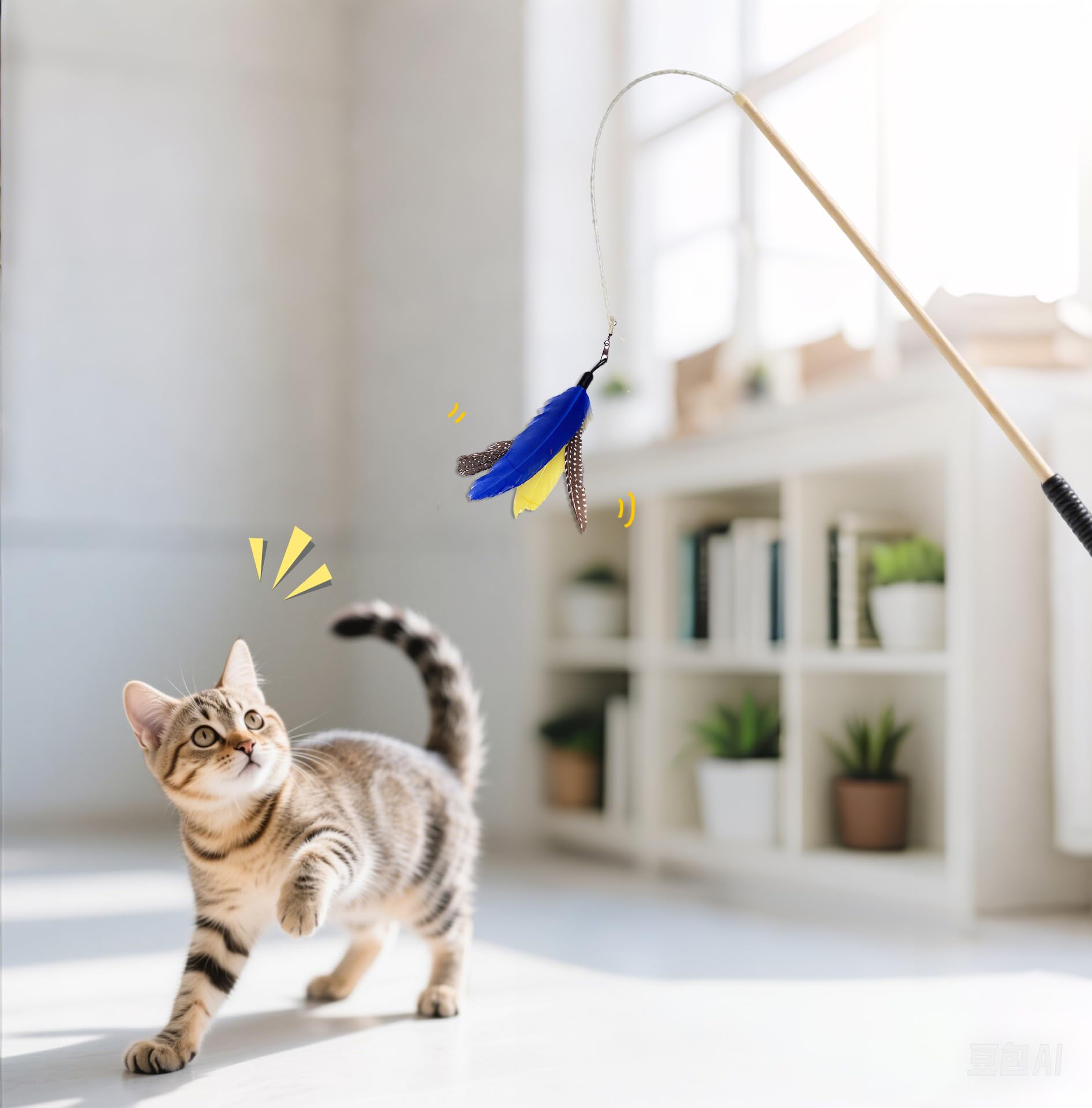 10 piezas de repuesto de juguete de plumas de gato con clips, juguetes de fijación de varita de gato con campana extraíble, repuesto de plumas naturales coloridas para gatos de interior