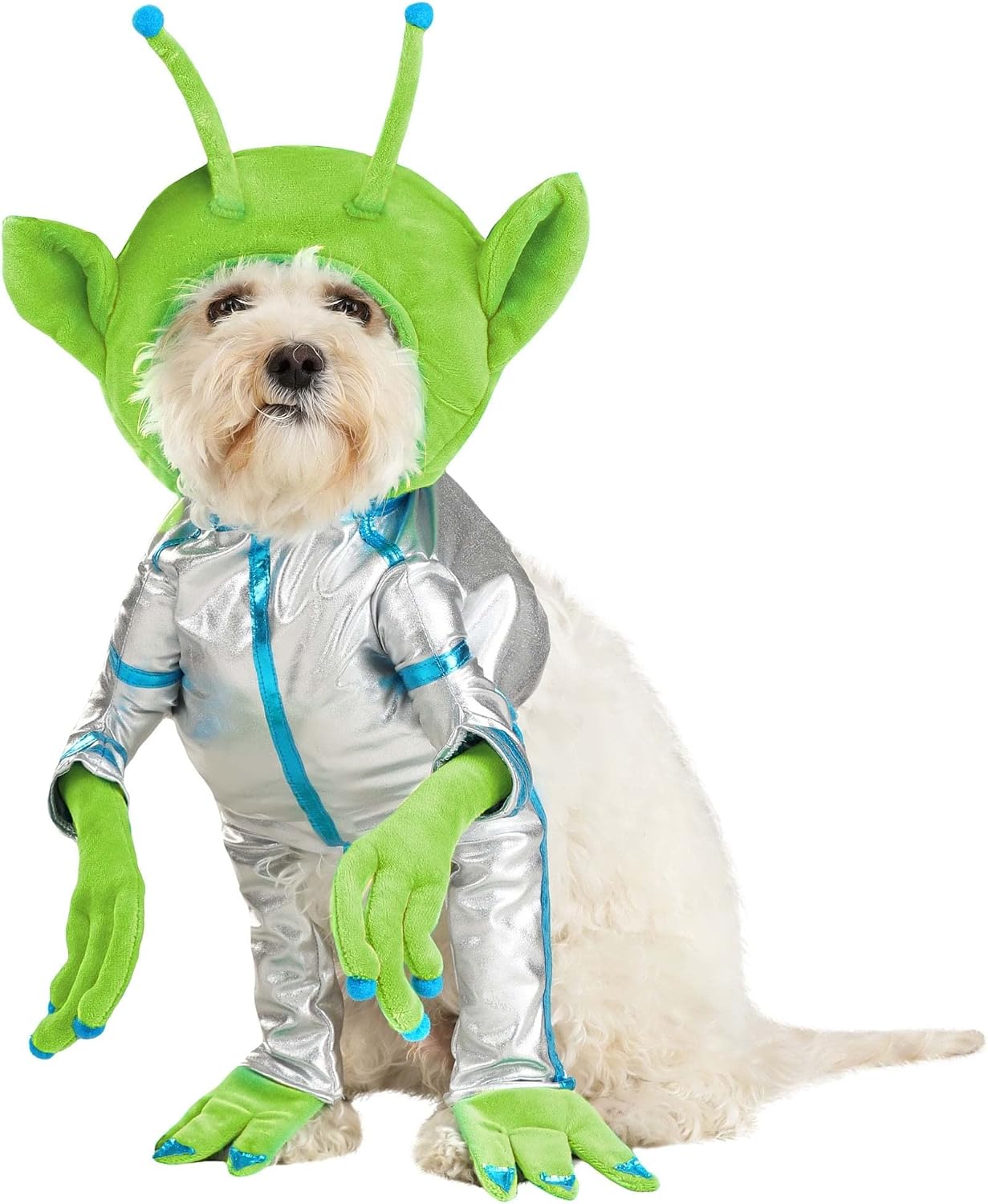Green Alien Dog Costume with Hood, Attached Arms & Ears, Hook & Loop Fastener for Adjustable Fit