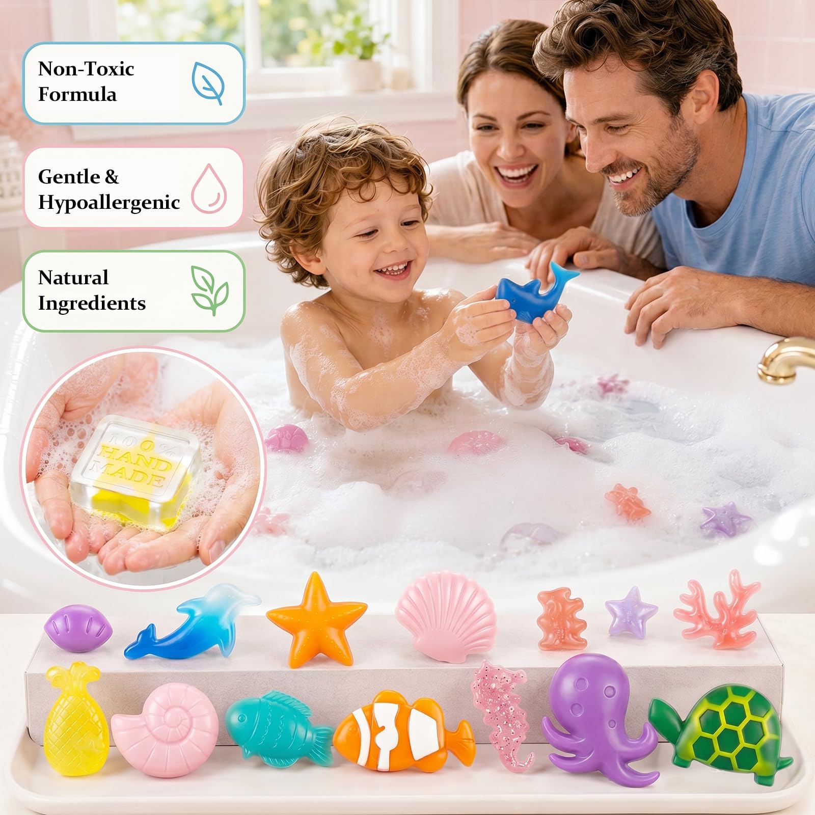 Set di sapone fai da te per bambini, 500 g, lattiginoso, 250 g, base di sapone trasparente, pesce marino, 10 forme a forma di cavalluccio marino, quadrato, 6 colori, 4 oli essenziali, 10 reti in