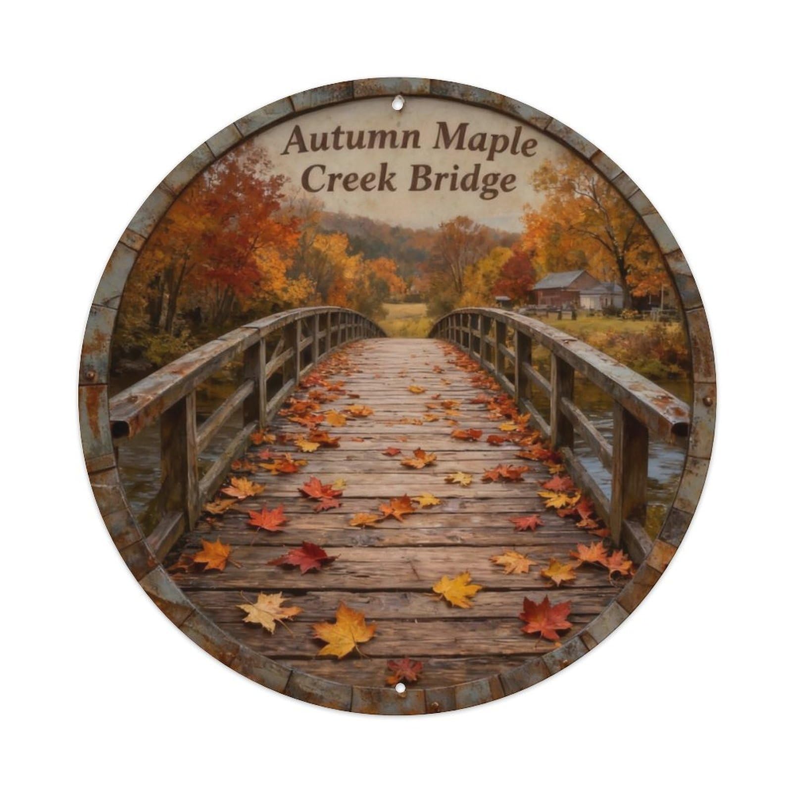 Autumn Maple Creek Bridge Metal Tin Sign Plaque