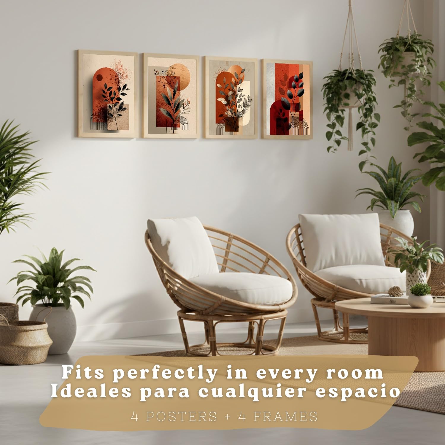 Nacnic Set De 4 Laminas Decorativas Flores Abstractas Cuadros Salon Modernos - Posters Decorativos Rojos Naranjas Decoración Dormitorios Cocina Baño A3 Marco Madera Clara