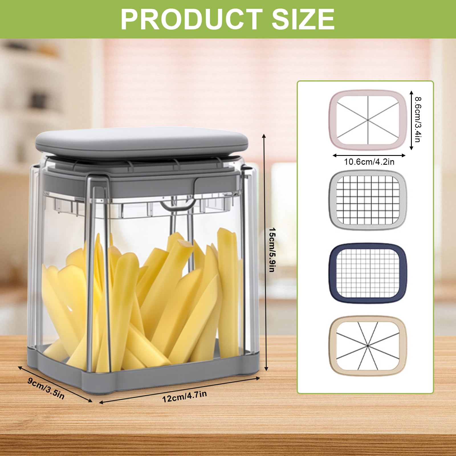 Coupe Frite, 4 EN 1 Decoupe Legumes Manuel avec avec 4 Lames Interchangeables Mandoline Dicer à Presse Coupe Legumes Multifonctions pour Frites, Concombre, Carotte, Oignon, Fruits