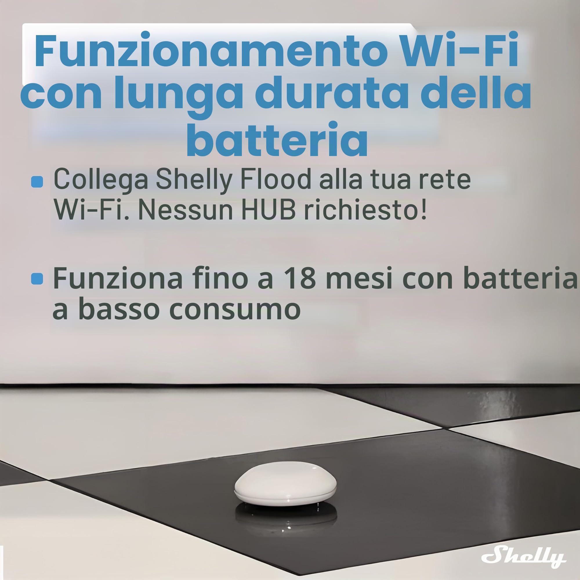 Shelly Flood, Sensore Perdita Liquidi e Sensore di Temperatura,WiFi, Smart, Compatibile con App, Notifiche immediate, Sicurezza Domestica, Durata Batteria 18 mesi, Bianco