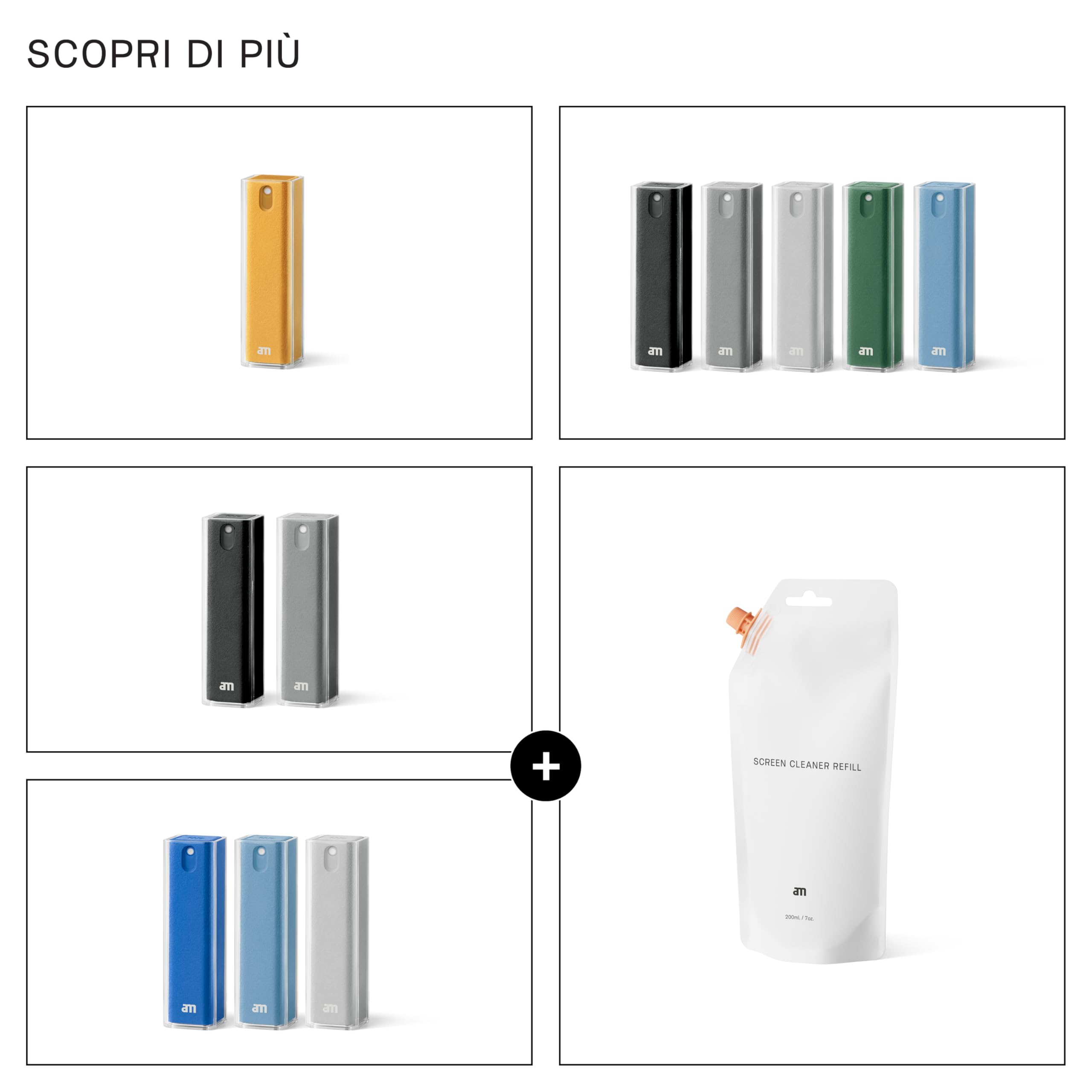 am Spray Pulizia Schermo 2 in 1 con Panno in Microfibra Integrato per Smartphone, Tablet, Laptop, Monitor PC, Smart TV e Display Auto, Ricaricabile (Grigio, 3 Pack)