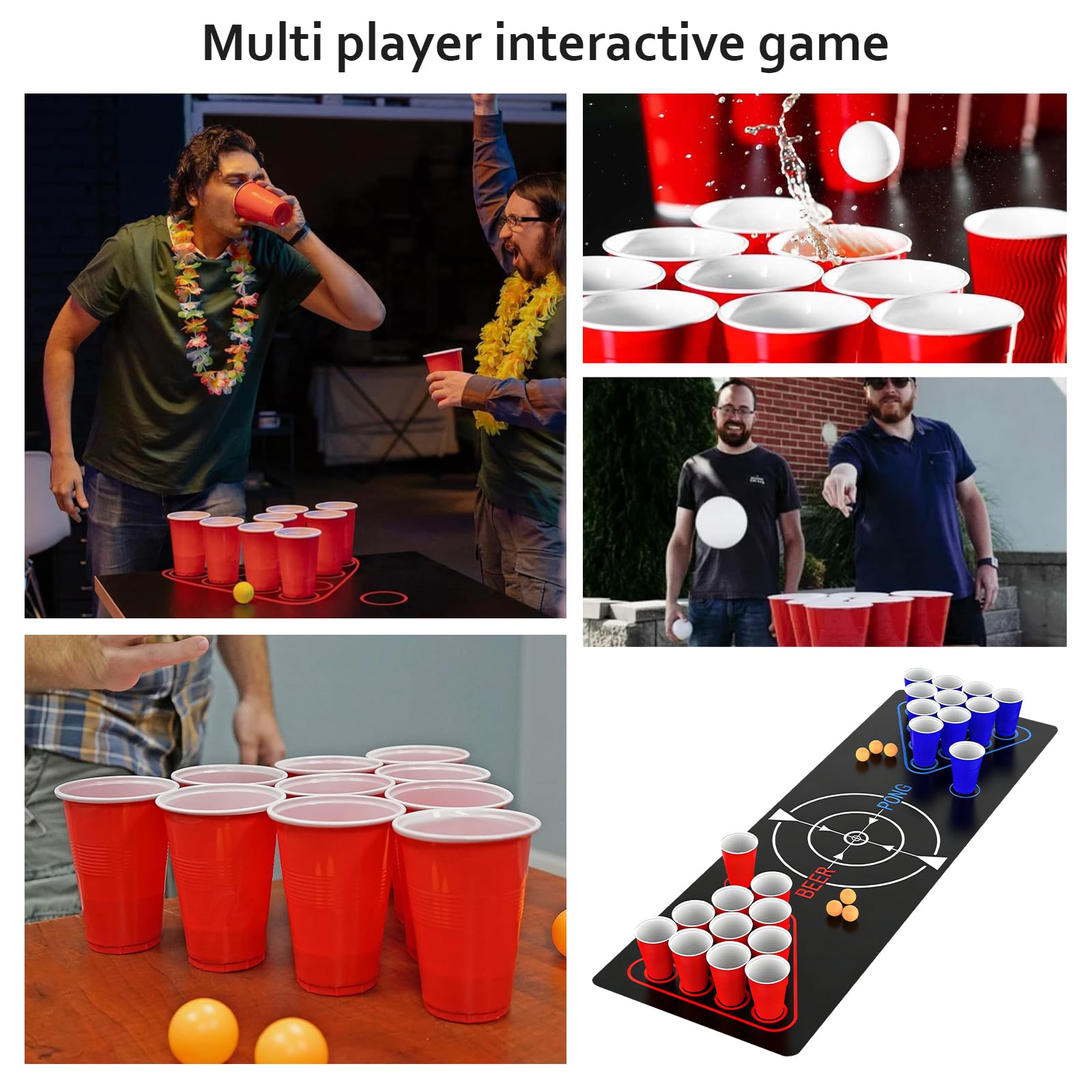Set Beer Pong 32 Gobelets + Tapis PVC + 8 Balles – Jeu Alcool Adulte – Pliable – 2 à 12 Joueurs – Noir