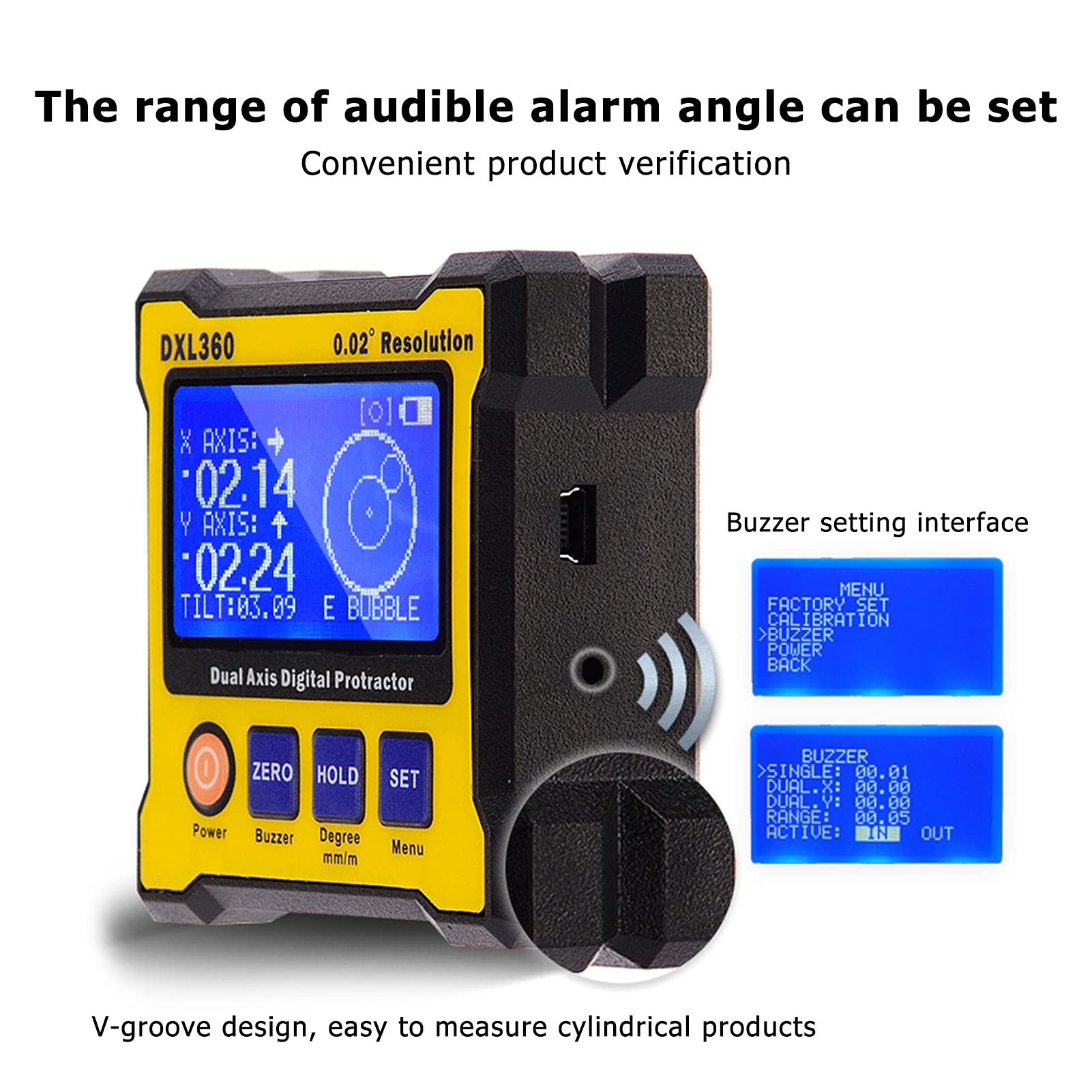 DXL360 Level Box DXL360 Boîte de mesure de niveau à double axe, rapporteur numérique, inclinomètre, règle d'angle, élévation, 0,02 ° Outil de mesure précis haute résolution avec écran LCD