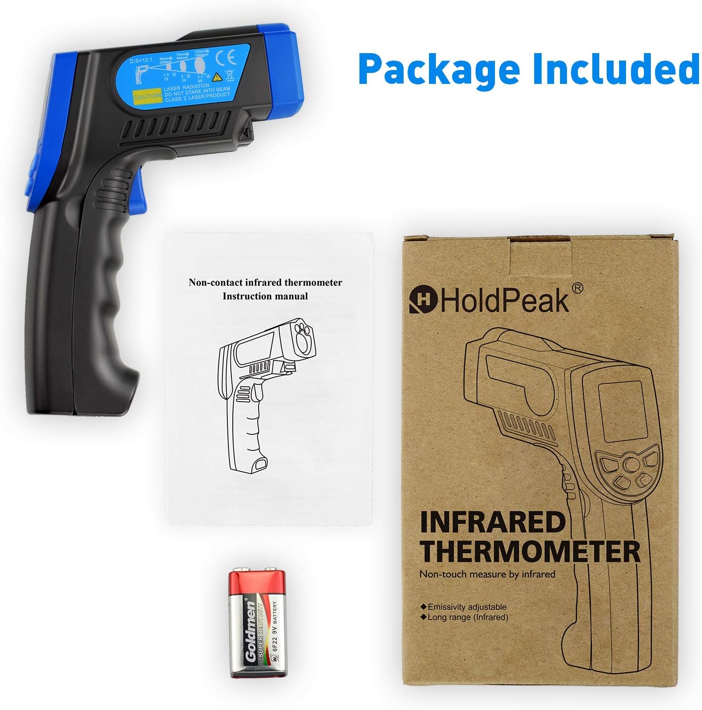 Contents included in the HoldPeak HP-320 infrared thermometer package: the thermometer, instruction manual, and a 9V battery.