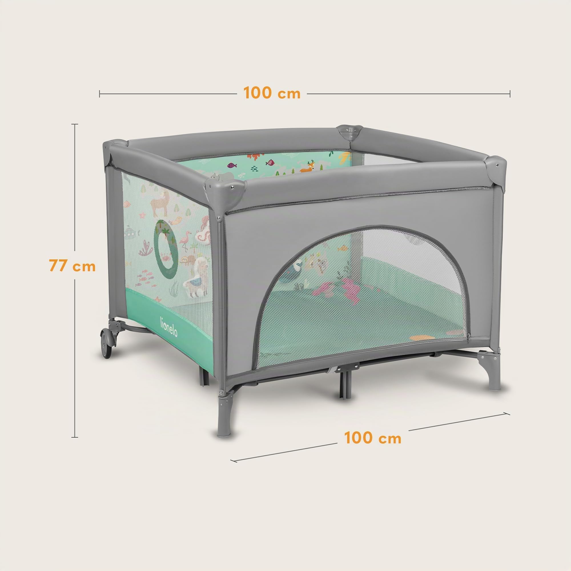 lionelo  Mille Lit de Voyage et Parc Bébé 100x100 cm jusqu'à 15 kg 0-36 Mois, Entrée Latérale Zippée, Matelas, roulettes Freinées, Pliage Facile, Sac de Transport