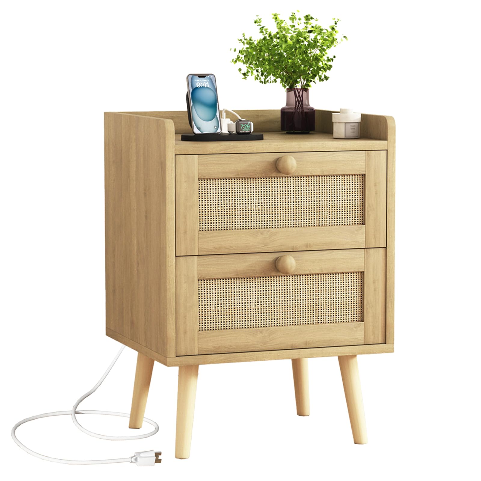 HUANLEGO Rattan Nightstand with Charging Station, Rattan Boho End Table with 2 Drawers Bedroom Bedside Side Tables Natural Night Stand for Living Room,Bedroom,Dorm Room Essentials