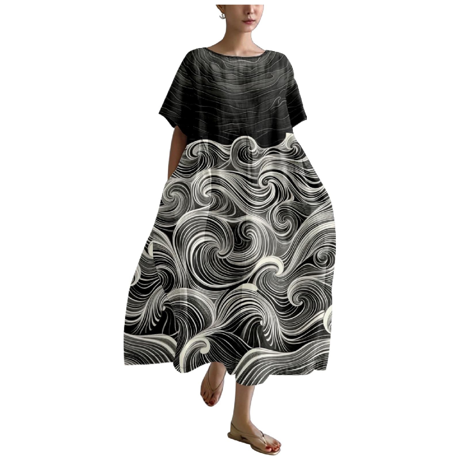 MARSVOVO Novelty Japanese Art Style Print Dress for Women Plus Size Short Sleeve Crewneck A-line Women Dress