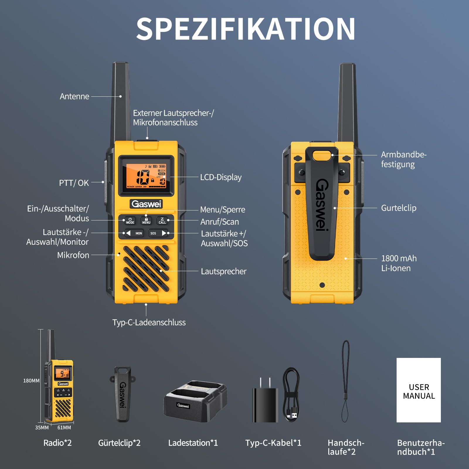 Gaswei G1pro+ IP67 wasserdichte Walkie-Talkies mit großer Reichweite | Lizenzfreies PMR 446 Funkgerät mit VOX-Handsfree, SOS-Notruf & FM-Radio für Camping, Outdoor, Reisen & Baustelle (2 Stück)