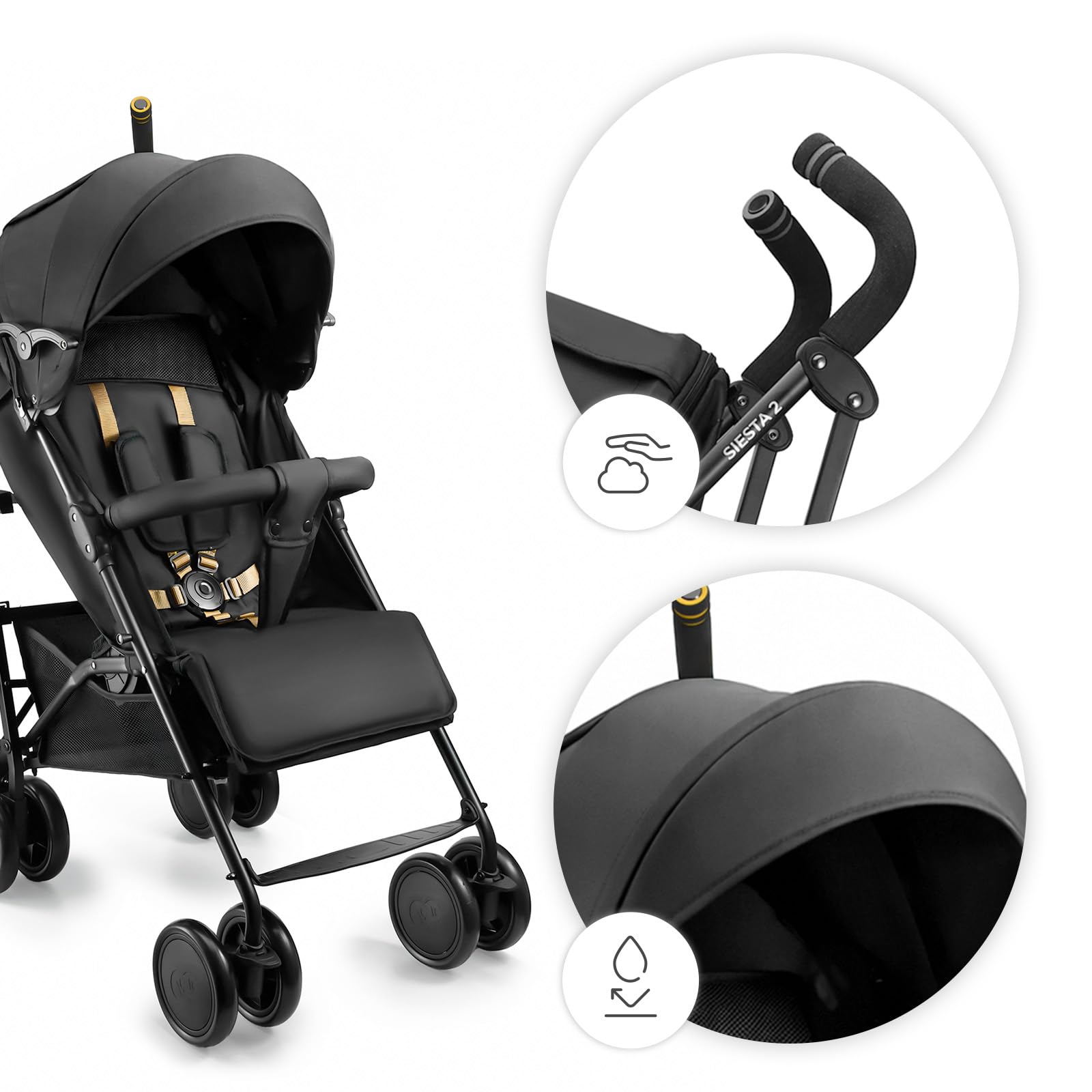 Kinderkraft silla de paseo SIESTA 2 hasta 22 kg, ligera, solo 7,9 kg, plegado tipo paraguas, posición tumbada, reposapiés ajustable, capota transpirable con malla y ventana peekaboo, compacta, Negro