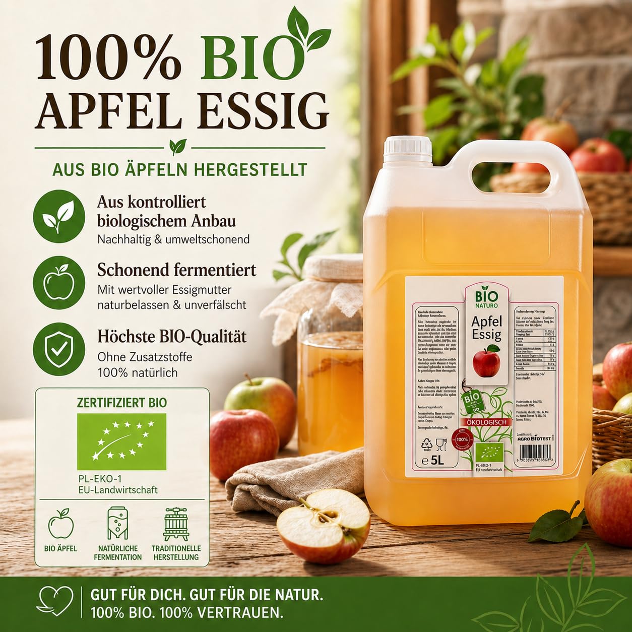 Bio Naturo Ocet jabłkowy 5 l – naturalnie mętny ocet jabłkowy z matką octową do sałatek – wysokiej jakości ocet jabłkowy do picia i gotowania bez dodatków