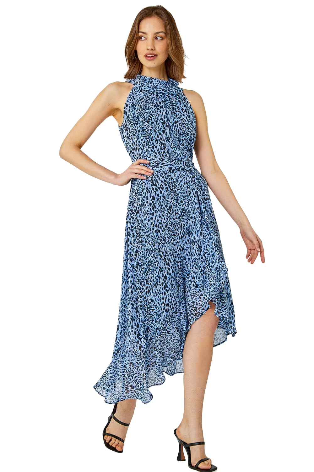 Roman Women's Blue Animal Print Halter Neck Midi Dress In | : Size 18