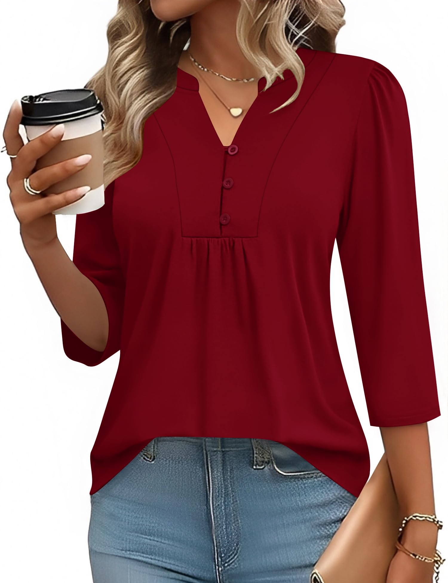 IECCP Bluse Damen 3/4 Arm Shirt V-Ausschnitt Tunika Sommer Tops Lässig Oberteil Elegant T-Shirt Mit Knopfleiste