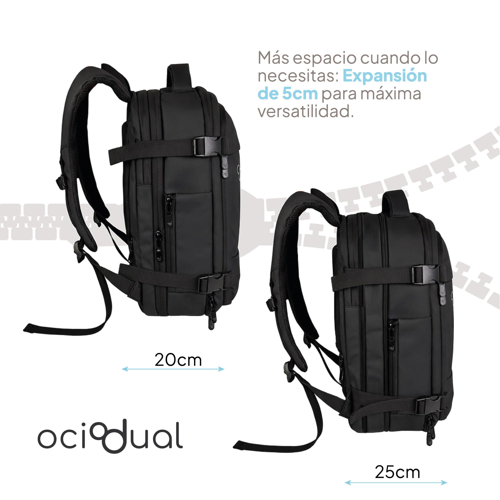 OcioDual Mochila Viaje Cabina 55x40x20 Expandible 40L, Equipaje de Mano Avión, Compartimento Portátil 17", Compatible Iberia Lufthansa British Airways