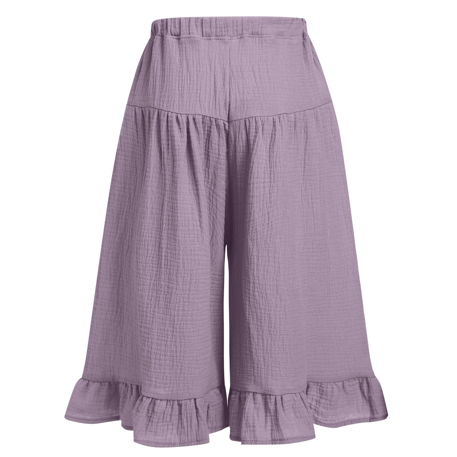 IWEMEK Ruffled Pants for Baby Girls Wide Leg Palazzo Pants Toddler Girl Cotton Linen Flowy Casual Loose Fit Trousers Bottoms Elastic Waist Summer Lounge Beach Leggings Light Purple 12-18 Months