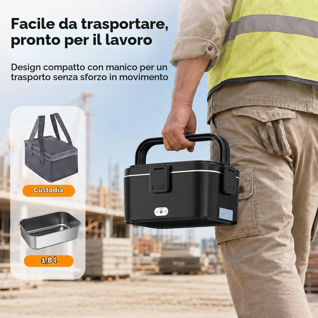 Scaldavivande Elettrico Portatile 120W 1,8L per Auto Casa e Camion | Rimovibile in Acciaio Inox 304, Riscaldamento Rapido, Facile da Pulire, 12V/24V/240V, Forchetta Cucchiaio e Borsa, 0.45L Box