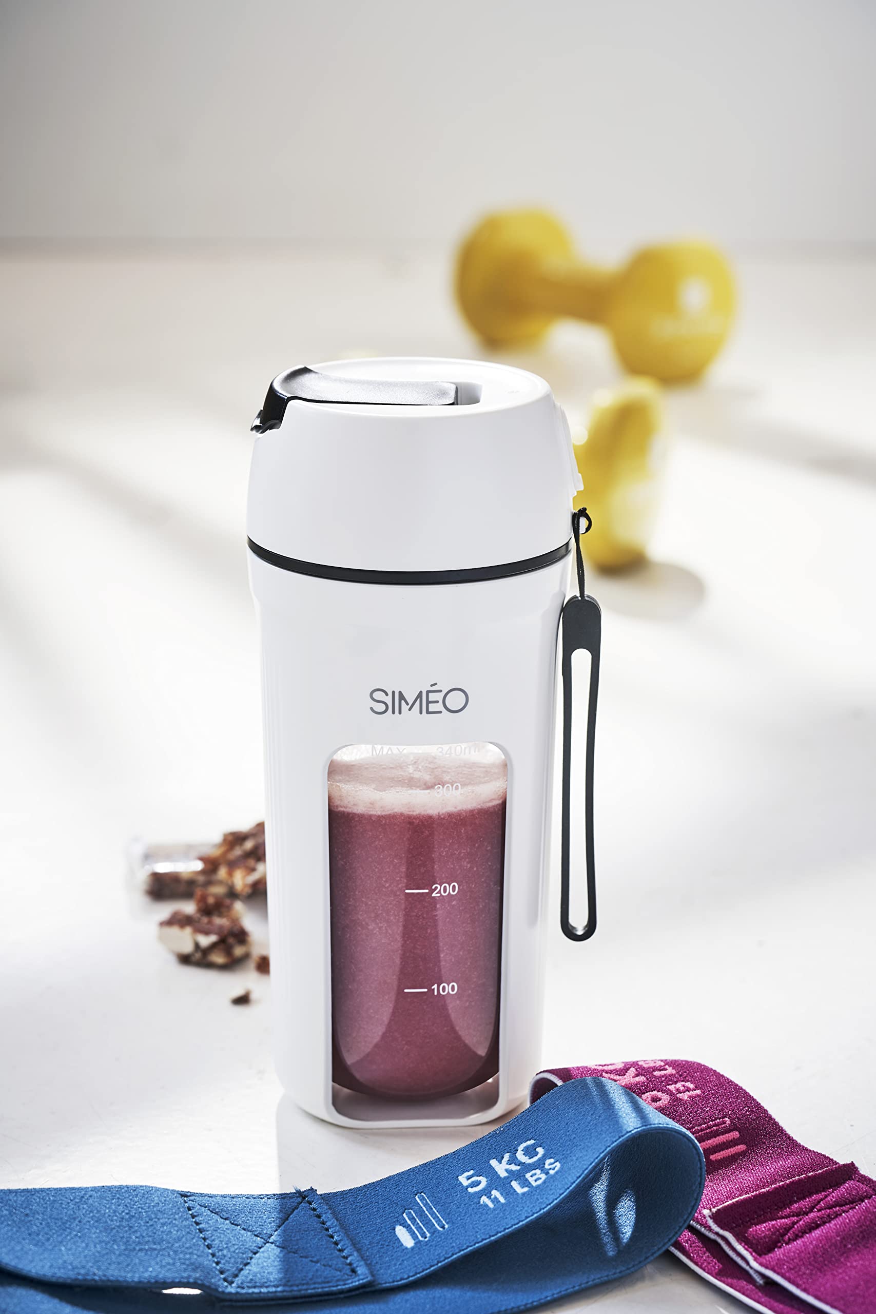 SIMÉO Blender Nomade Fresh & Mix - 340 ml - 55 W - 4 Lames Inox - Rechargeable Lithium-Ion - Ultra Léger - Idéal Smoothies, Bureau, Sport, Pique-Nique - Sécurité Arrêt Automatique - Nomade Blanc