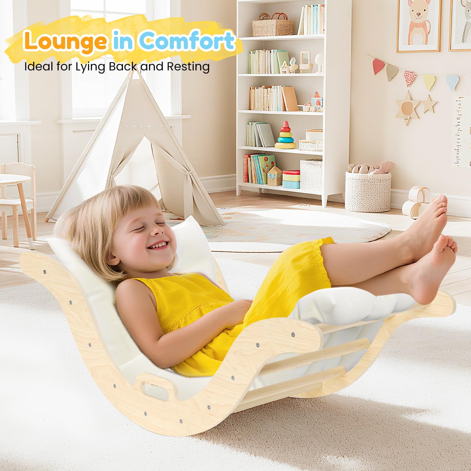 nmoiww Struttura da Arrampicata per Bambini 7 in 1, Scala da Arrampicata in Legno per Bambini con Cuscino Accogliente, Palestra da Gioco Montessori per Interni (Legno-7 in1)