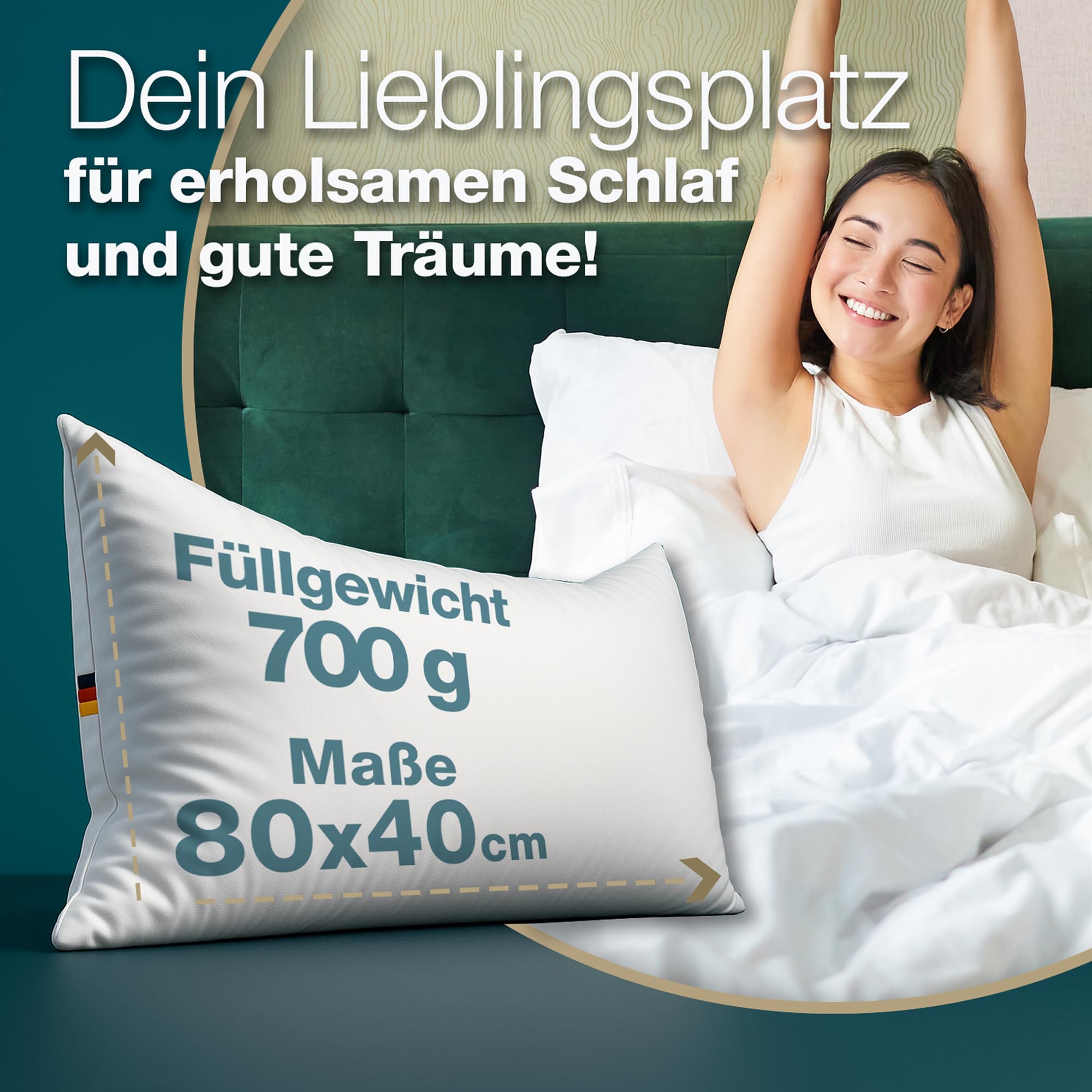 DAUNENKISSEN 40X80 – 3-Kammer Kopfkissen aus Daunen & Federn – Weiches Federkissen im Hotelstil, atmungsaktiv – Made in Germany – Medium, Füllgewicht 700 g