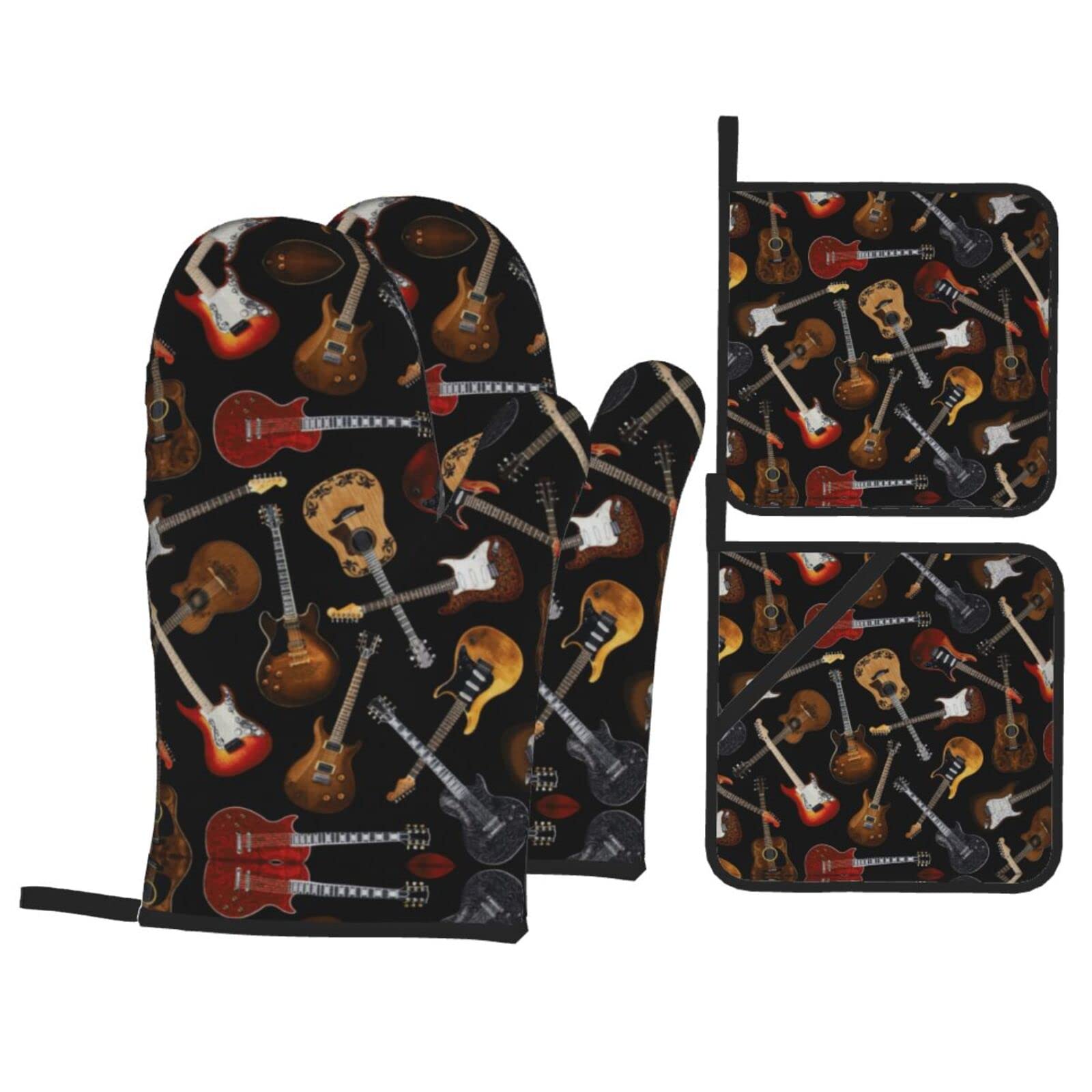 Guitars Oven Mitt and Pot Holder 4-Piece Set for Kitchen, Outdoor Grill, Baking